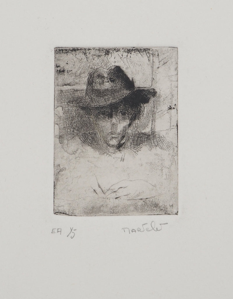 Bernard MARTELET : Portrait au chapeau, Gravure originale (photo de détail 3) - Crédit photo : Galerie Art.Paris