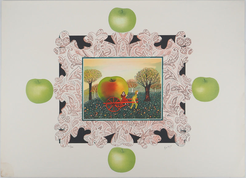 Isabel BAILLEN : La cueillette à la pomme, Lithographie originale (vue générale) - Crédit photo : Galerie Art.Paris