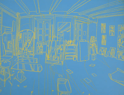 Pierre COLLIN : L'atelier à Conleau en bleu, 1er état, 2e version, Gravure originale (photo de détail 4) - Crédit photo : Galerie Art.Paris