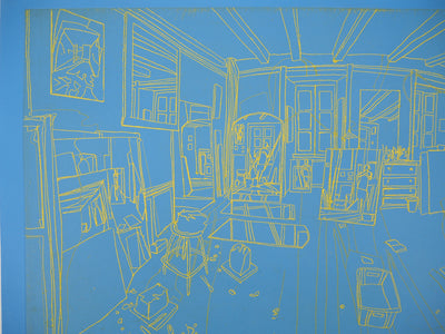Pierre COLLIN : L'atelier à Conleau en bleu, 1er état, 2e version, Gravure originale (photo de détail 5) - Crédit photo : Galerie Art.Paris