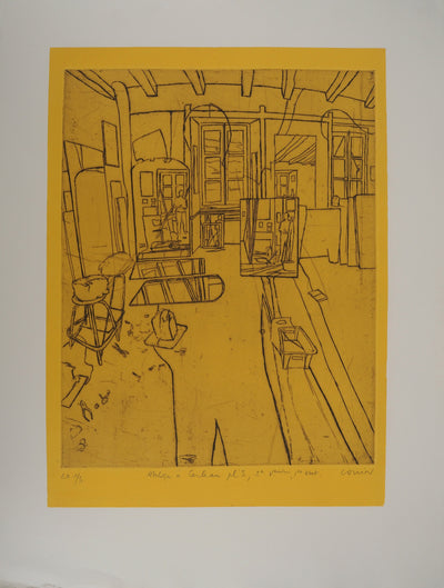 Pierre COLLIN : L'atelier à Conleau en jaune, 2e version, 1er état, Gravure originale (photo de détail 3) - Crédit photo : Galerie Art.Paris