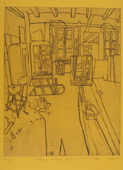 Pierre COLLIN : L'atelier à Conleau en jaune, 2e version, 1er état, Gravure originale (vue générale) - Crédit photo : Galerie Art.Paris