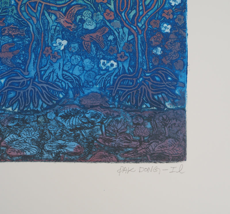 PAK DONG-IL : Dans la forêt bleue, Gravure originale (photo de détail 2) - Crédit photo : Galerie Art.Paris