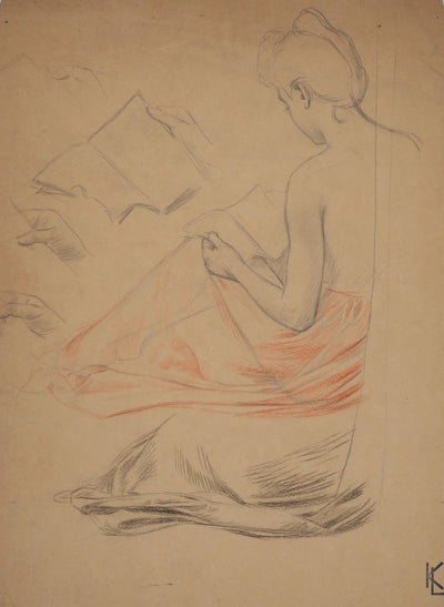 Léopold Franz KOWALSKI : La lecture, c, Dessin original (photo de détail 2) - Crédit photo : Galerie Art.Paris