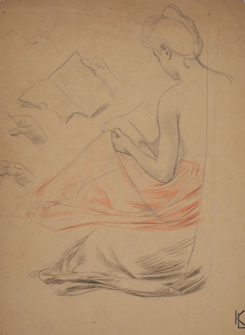 Léopold Franz KOWALSKI : La lecture, c, Dessin original (photo de détail 2) - Crédit photo : Galerie Art.Paris