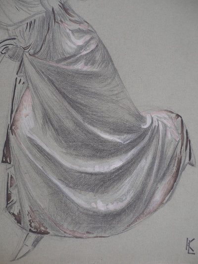 Léopold Franz KOWALSKI : Drapé d'une robe, c, Dessin original (photo de détail 3) - Crédit photo : Galerie Art.Paris