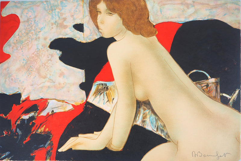 Alain BONNEFOIT : Ingénue sur un sofa, Lithographie originale (vue générale) - Crédit photo : Galerie Art.Paris