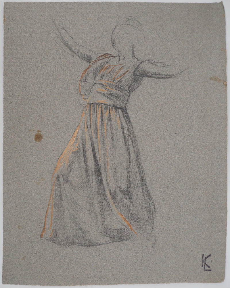 Léopold Franz KOWALSKI : Étude du drapé de la robe, en mouvement, c, Dessin original (vue générale) - Crédit photo : Galerie Art.Paris