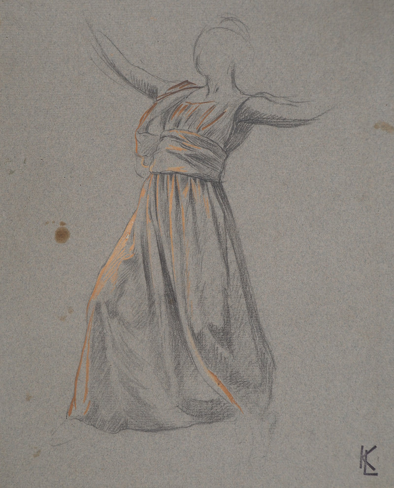 Léopold Franz KOWALSKI : Étude du drapé de la robe, en mouvement, c, Dessin original (photo de détail 2) - Crédit photo : Galerie Art.Paris