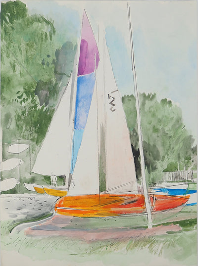 Maurice GENIS : Voiliers en bord de mer, Aquarelle originale (vue générale) - Crédit photo : Galerie Art.Paris