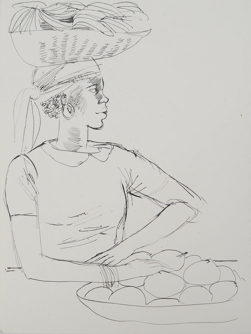 Maurice GENIS : Portrait aux paniers de fruits, Dessin original (vue générale) - Crédit photo : Galerie Art.Paris
