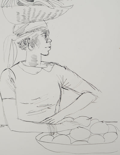Maurice GENIS : Portrait aux paniers de fruits, Dessin original (photo de détail 2) - Crédit photo : Galerie Art.Paris