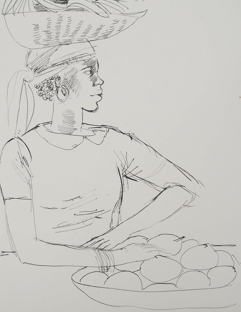 Maurice GENIS : Portrait aux paniers de fruits, Dessin original (photo de détail 2) - Crédit photo : Galerie Art.Paris
