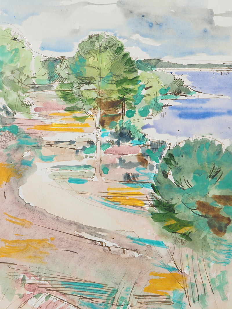 Maurice GENIS : Route en bord de mer, Aquarelle originale (photo de détail 2) - Crédit photo : Galerie Art.Paris