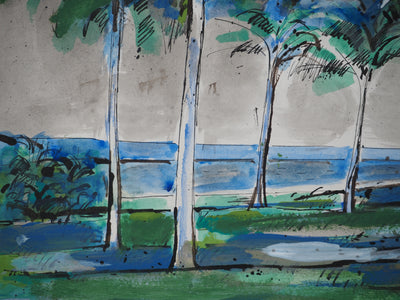 Maurice GENIS : Ile paradisiaque et cocotiers, Aquarelle originale (photo de détail 5) - Crédit photo : Galerie Art.Paris