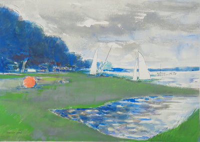 Maurice GENIS : Après-midi au bord du lac d'Annecy, Aquarelle originale (vue générale) - Crédit photo : Galerie Art.Paris