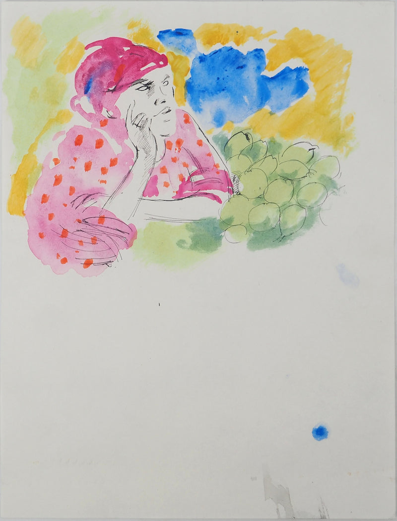 Maurice GENIS : La vendeuse de fruits, Aquarelle originale (vue générale) - Crédit photo : Galerie Art.Paris