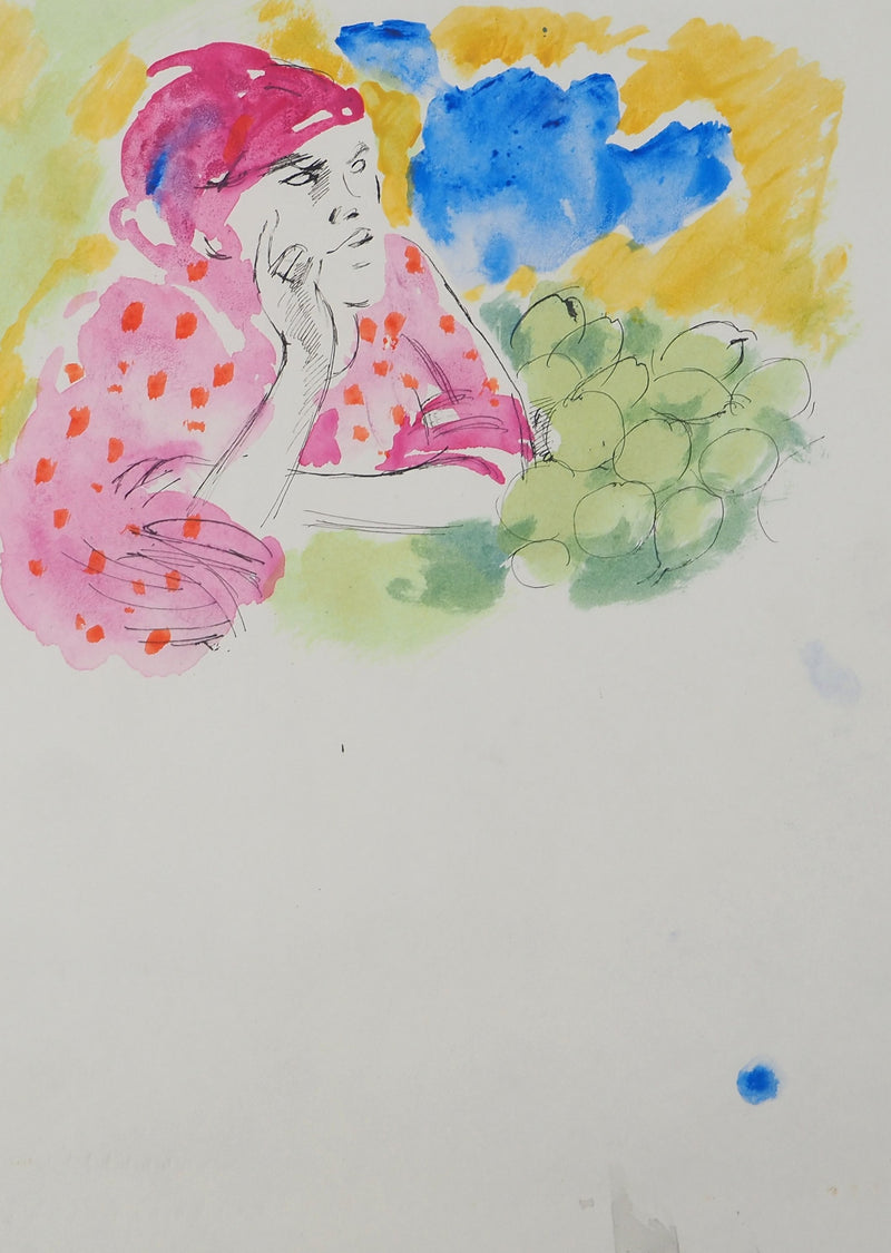 Maurice GENIS : La vendeuse de fruits, Aquarelle originale (photo de détail 2) - Crédit photo : Galerie Art.Paris