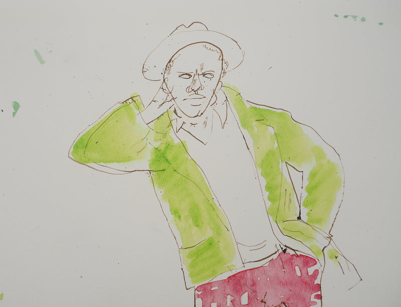 Maurice GENIS : Modèle aux carreaux, Aquarelle originale (photo de détail 3) - Crédit photo : Galerie Art.Paris