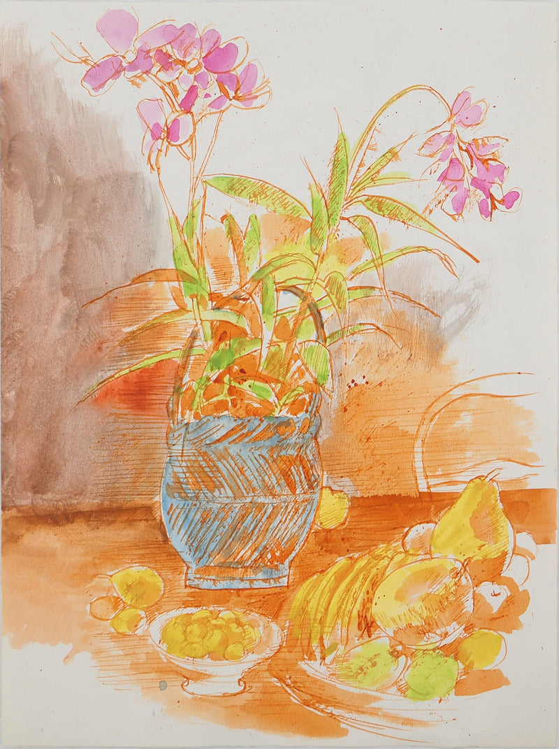 Maurice GENIS : Nature morte aux orchidées, Aquarelle originale (vue générale) - Crédit photo : Galerie Art.Paris