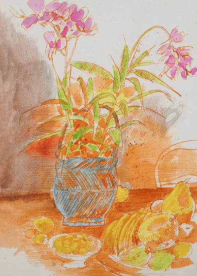 Maurice GENIS : Nature morte aux orchidées, Aquarelle originale (photo de détail 2) - Crédit photo : Galerie Art.Paris