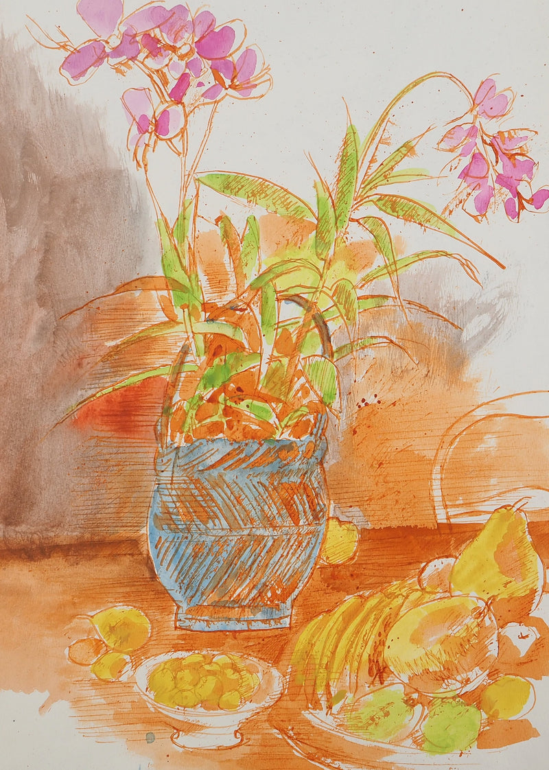 Maurice GENIS : Nature morte aux orchidées, Aquarelle originale (photo de détail 2) - Crédit photo : Galerie Art.Paris