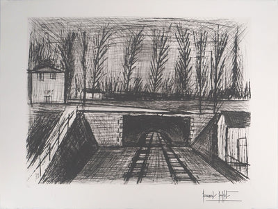 Bernard BUFFET : Voie de chemin de fer et Café de la Gare , Gravure originale (vue générale) - Crédit photo : Galerie Art.Paris