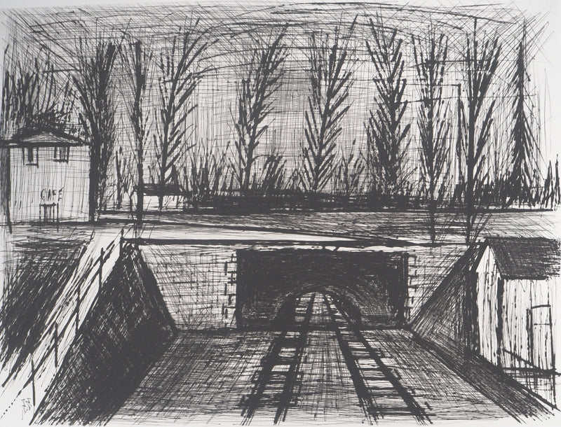 Bernard BUFFET : Voie de chemin de fer et Café de la Gare , Gravure originale (photo de détail 3) - Crédit photo : Galerie Art.Paris