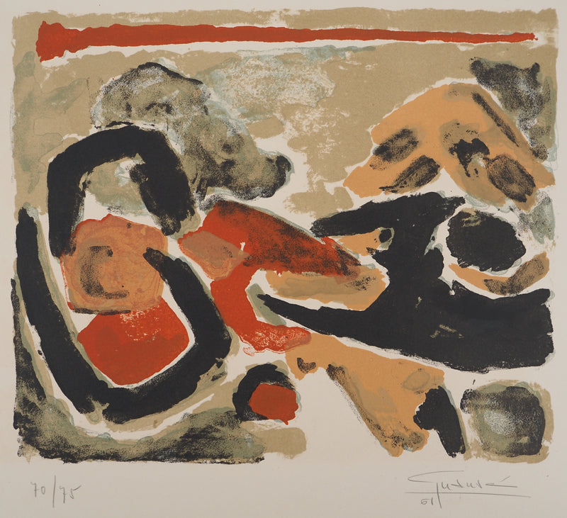Antonio GUANSE : Composition rouge et jaune, Lithographie originale (vue générale) - Crédit photo : Galerie Art.Paris
