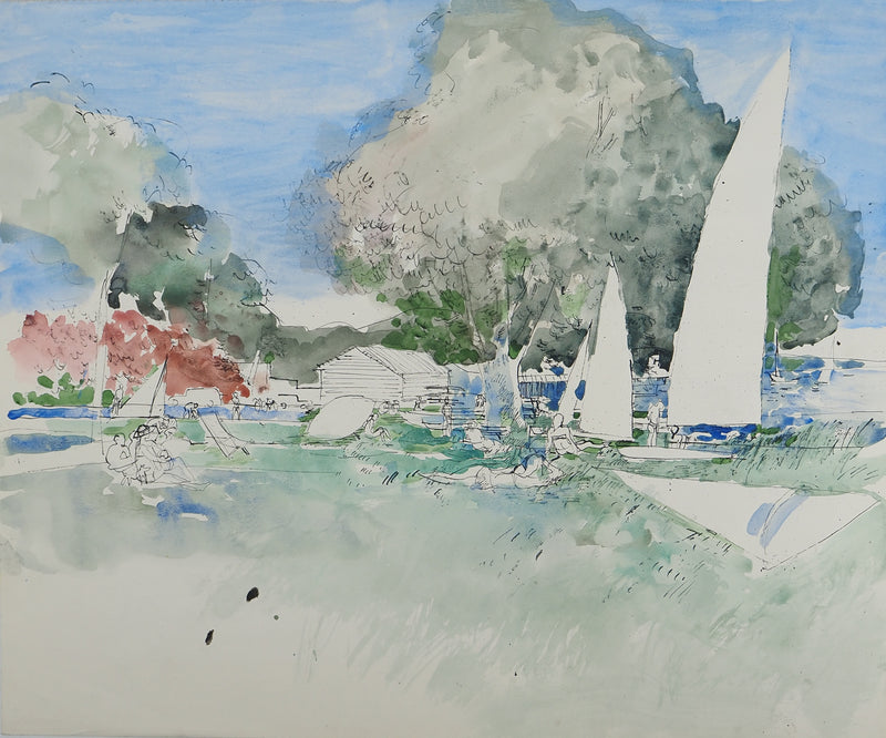 Maurice GENIS : Scène de camping, Aquarelle originale (vue générale) - Crédit photo : Galerie Art.Paris