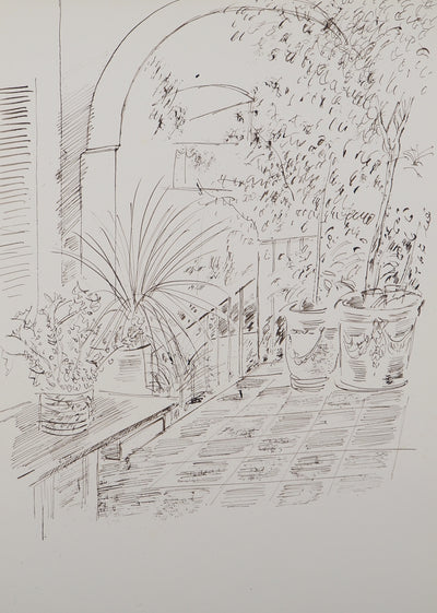 Maurice GENIS : Terrasse en Provence, Dessin original (photo de détail 2) - Crédit photo : Galerie Art.Paris
