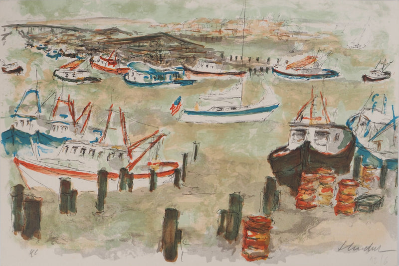 Urbain HUCHET : Port de pêche, Lithographie originale (vue générale) - Crédit photo : Galerie Art.Paris