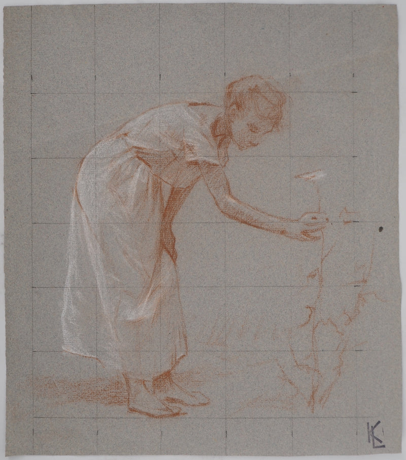 Léopold Franz KOWALSKI : La dame à la cueillette aux fleurs, c, Dessin original (vue générale) - Crédit photo : Galerie Art.Paris