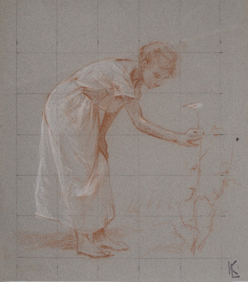Léopold Franz KOWALSKI : La dame à la cueillette aux fleurs, c, Dessin original (photo de détail 2) - Crédit photo : Galerie Art.Paris