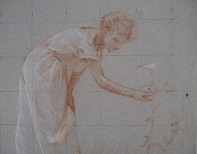Léopold Franz KOWALSKI : La dame à la cueillette aux fleurs, c, Dessin original (photo de détail 3) - Crédit photo : Galerie Art.Paris