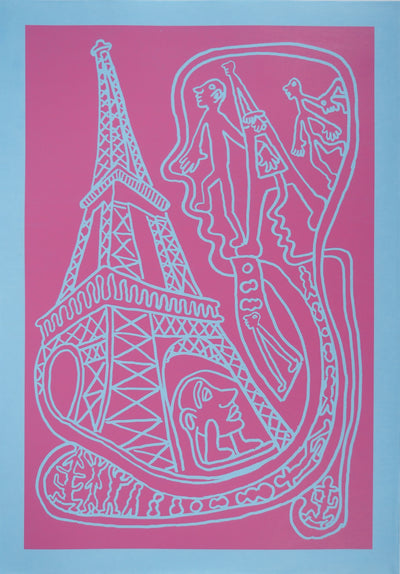 Yvon TAILLANDIER : Paris : La Tour Eiffel en rose sur bleu, Sérigraphie originale (vue générale) - Crédit photo : Galerie Art.Paris