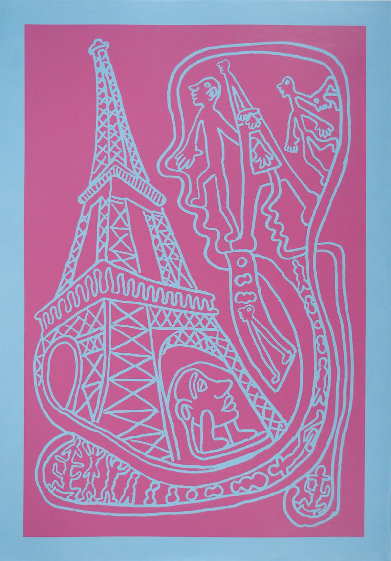 Yvon TAILLANDIER : Paris : La Tour Eiffel en rose sur bleu, Sérigraphie originale (vue générale) - Crédit photo : Galerie Art.Paris