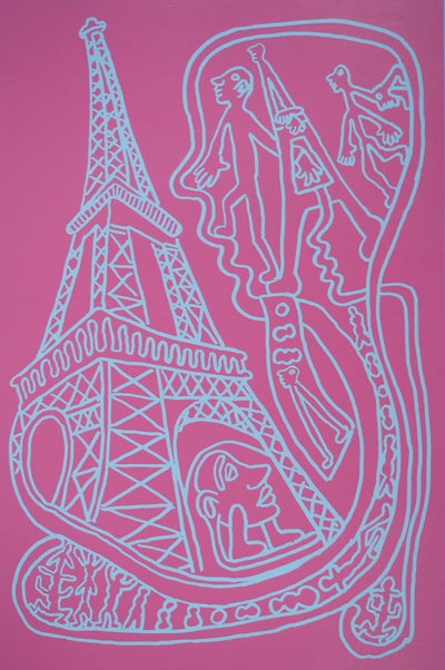 Yvon TAILLANDIER : Paris : La Tour Eiffel en rose sur bleu, Sérigraphie originale (photo de détail 2) - Crédit photo : Galerie Art.Paris