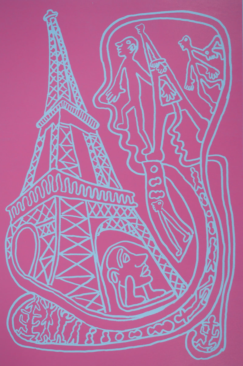 Yvon TAILLANDIER : Paris : La Tour Eiffel en rose sur bleu, Sérigraphie originale (photo de détail 2) - Crédit photo : Galerie Art.Paris