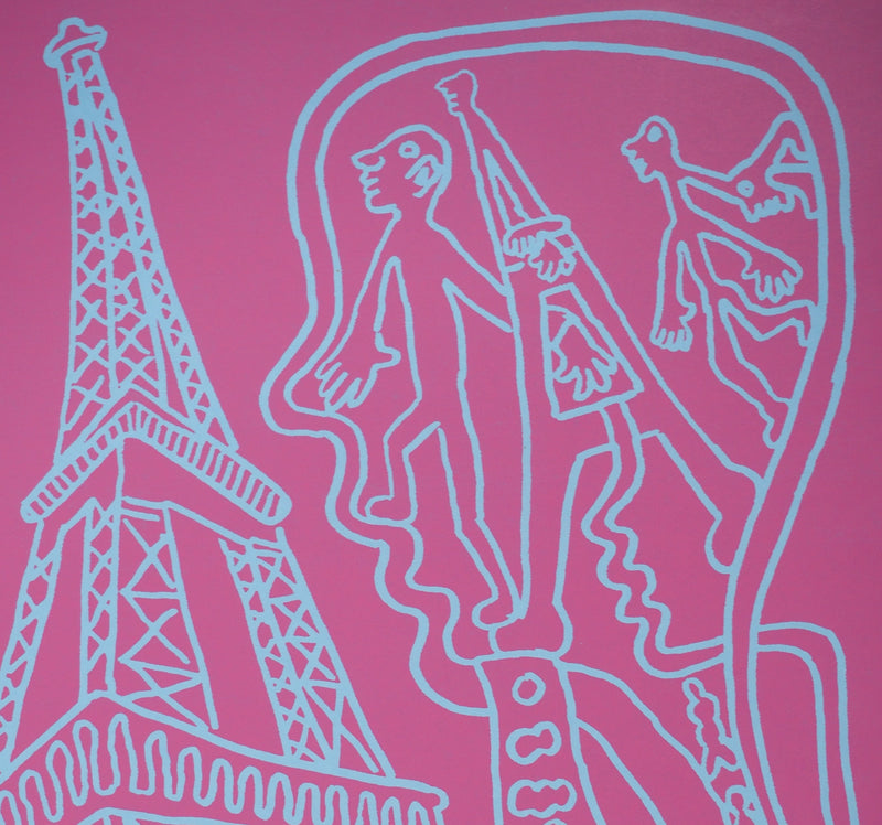 Yvon TAILLANDIER : Paris : La Tour Eiffel en rose sur bleu, Sérigraphie originale (photo de détail 3) - Crédit photo : Galerie Art.Paris