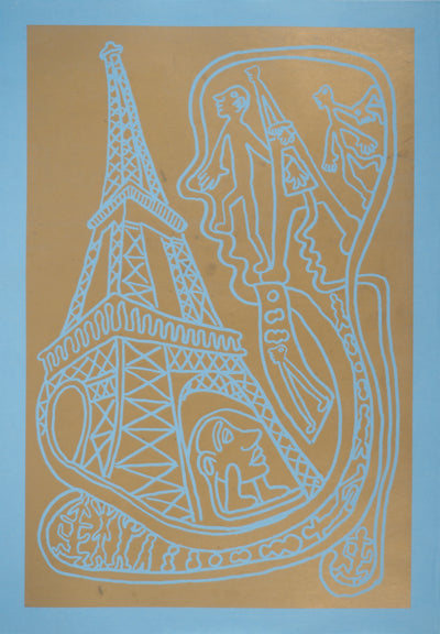 Yvon TAILLANDIER : Paris : La Tour Eiffel en doré sur bleu, Sérigraphie originale (vue générale) - Crédit photo : Galerie Art.Paris