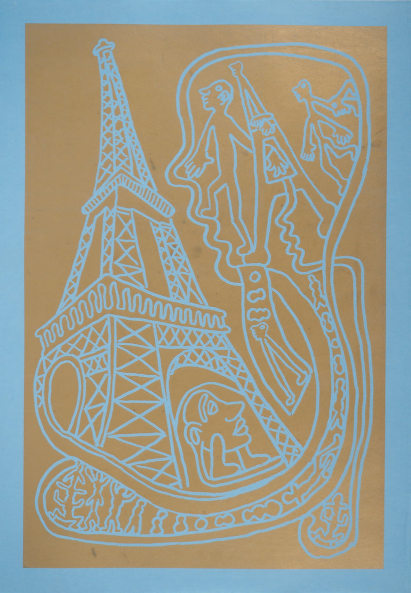 Yvon TAILLANDIER : Paris : La Tour Eiffel en doré sur bleu, Sérigraphie originale (vue générale) - Crédit photo : Galerie Art.Paris