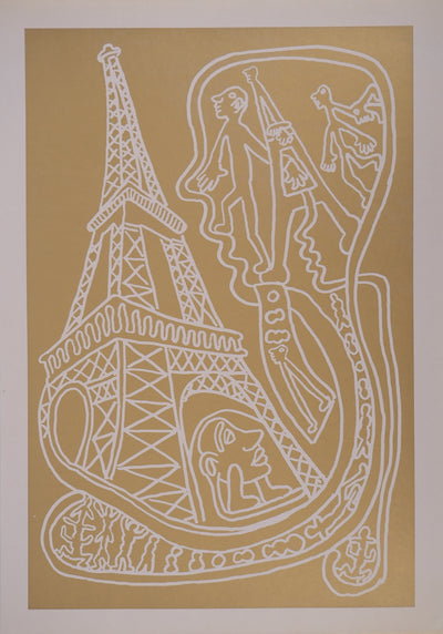 Yvon TAILLANDIER : Paris : La Tour Eiffel en doré sur blanc, Sérigraphie originale (vue générale) - Crédit photo : Galerie Art.Paris