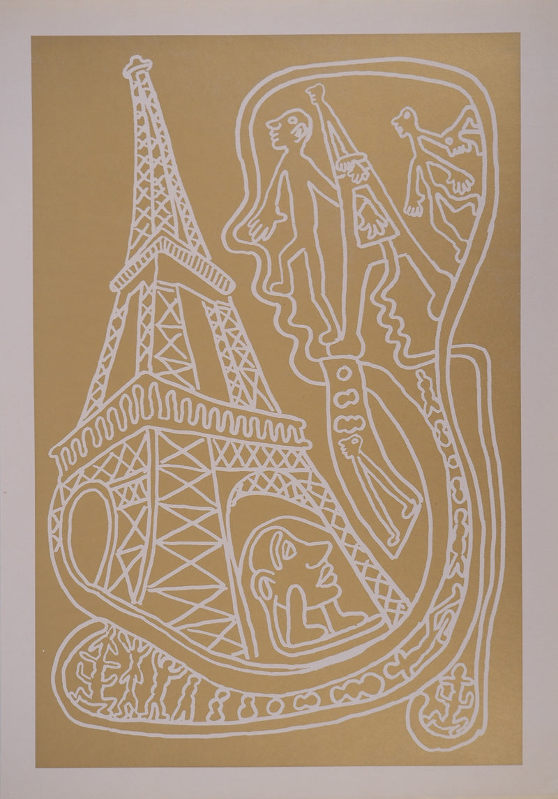 Yvon TAILLANDIER : Paris : La Tour Eiffel en doré sur blanc, Sérigraphie originale (vue générale) - Crédit photo : Galerie Art.Paris