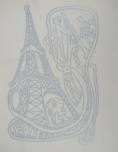 Yvon TAILLANDIER : Paris : La Tour Eiffel en argenté sur blanc, Sérigraphie originale (vue générale) - Crédit photo : Galerie Art.Paris