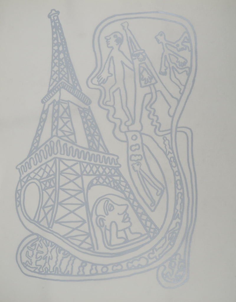 Yvon TAILLANDIER : Paris : La Tour Eiffel en argenté sur blanc, Sérigraphie originale (vue générale) - Crédit photo : Galerie Art.Paris