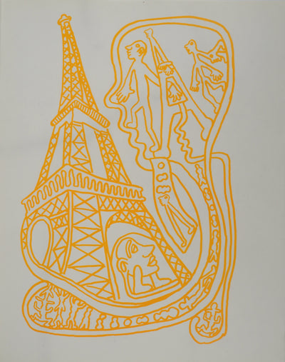 Yvon TAILLANDIER : Paris : La Tour Eiffel en orange sur blanc, Sérigraphie originale (vue générale) - Crédit photo : Galerie Art.Paris