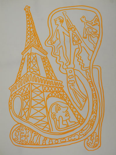 Yvon TAILLANDIER : Paris : La Tour Eiffel en orange sur blanc, Sérigraphie originale (photo de détail 2) - Crédit photo : Galerie Art.Paris