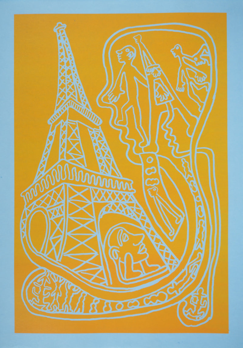 Yvon TAILLANDIER : Paris : La Tour Eiffel en jaune sur bleu, Sérigraphie originale (vue générale) - Crédit photo : Galerie Art.Paris