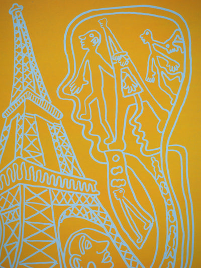 Yvon TAILLANDIER : Paris : La Tour Eiffel en jaune sur bleu, Sérigraphie originale (photo de détail 3) - Crédit photo : Galerie Art.Paris